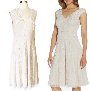 ADRIANNA PAPELL A-Line Cocktail Dress Beaded Sleeveless V-Neck Ivory 10 NWT